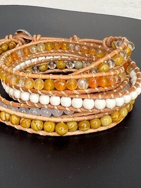 VICTORIA EMERSON Multi-Strand Wrap Bracelet in Mustard Yellow, White, Tan, Stone